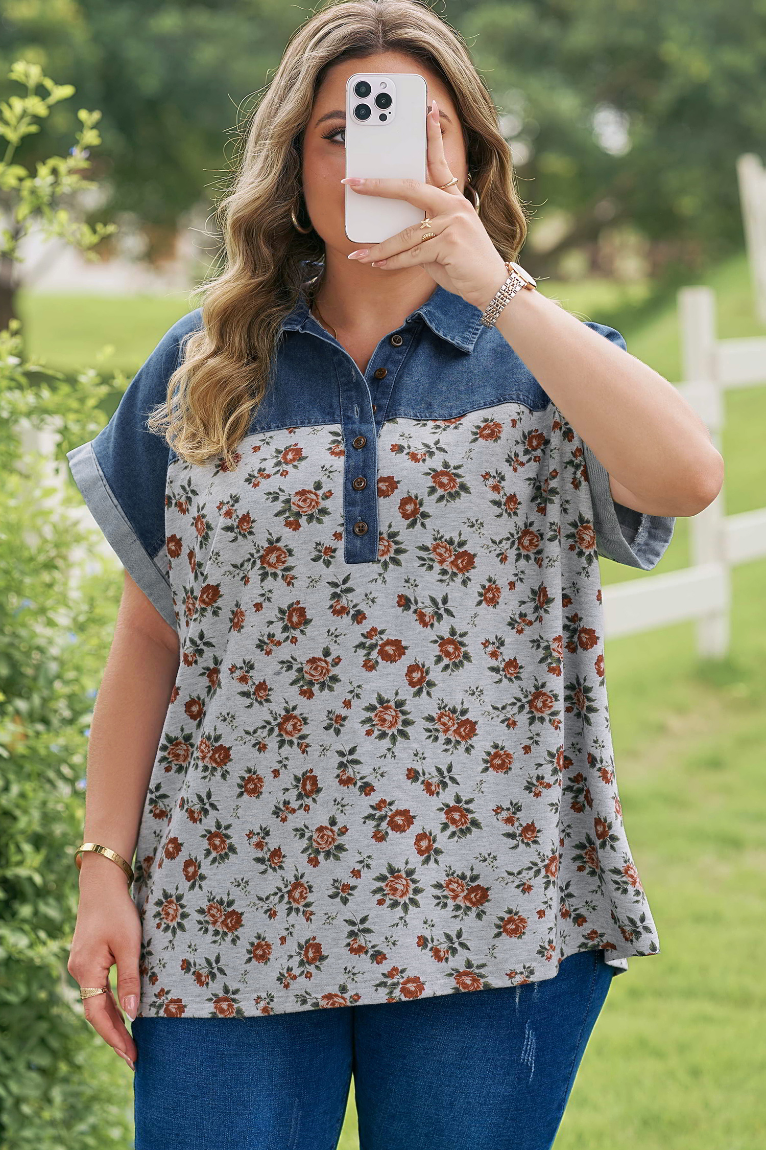Plus Size Gray Retro Floral Print Denim Patchwork  Polo Tee