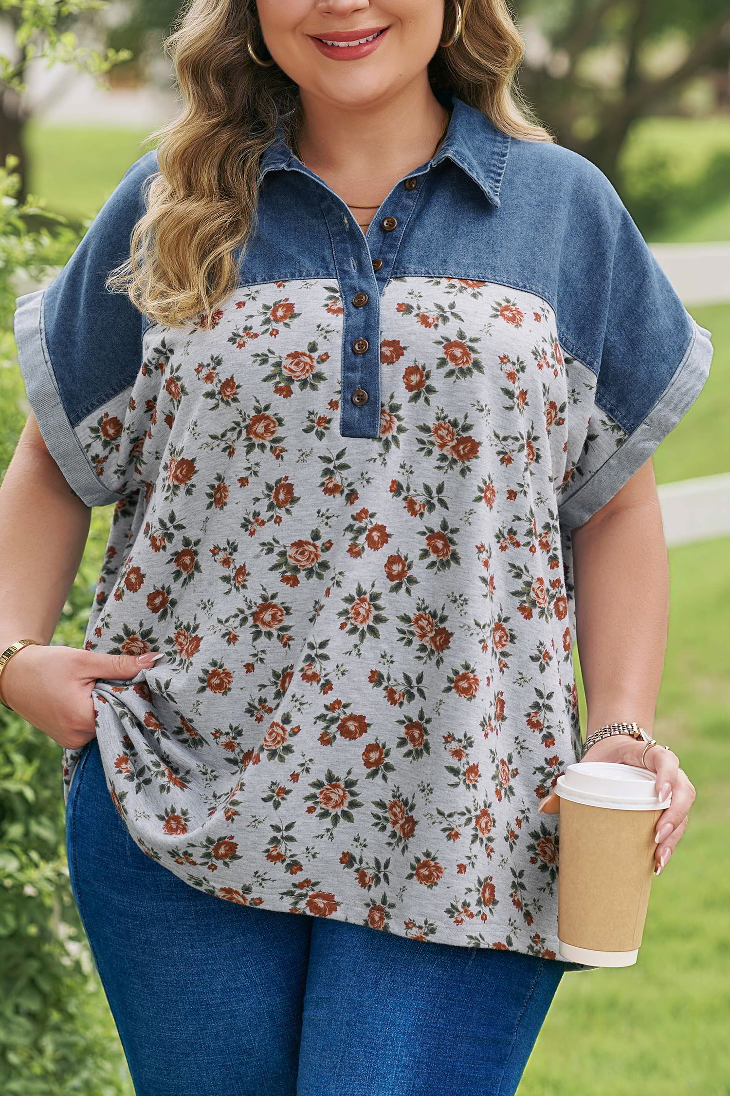 Plus Size Gray Retro Floral Print Denim Patchwork  Polo Tee