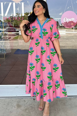 Plus Size Pink  Striped V Neck Ruffled Floral Long Dress