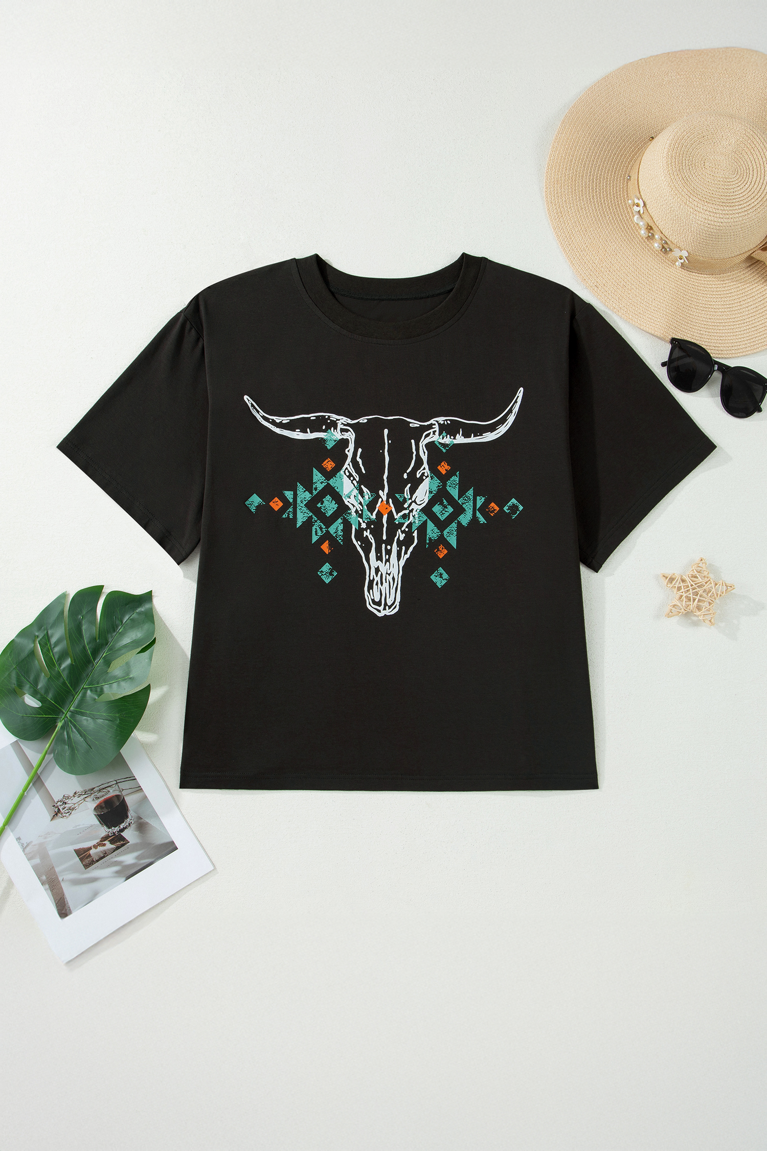 Plus Size Carbon Grey  Western Aztec Bull Skull Printed T Shirt