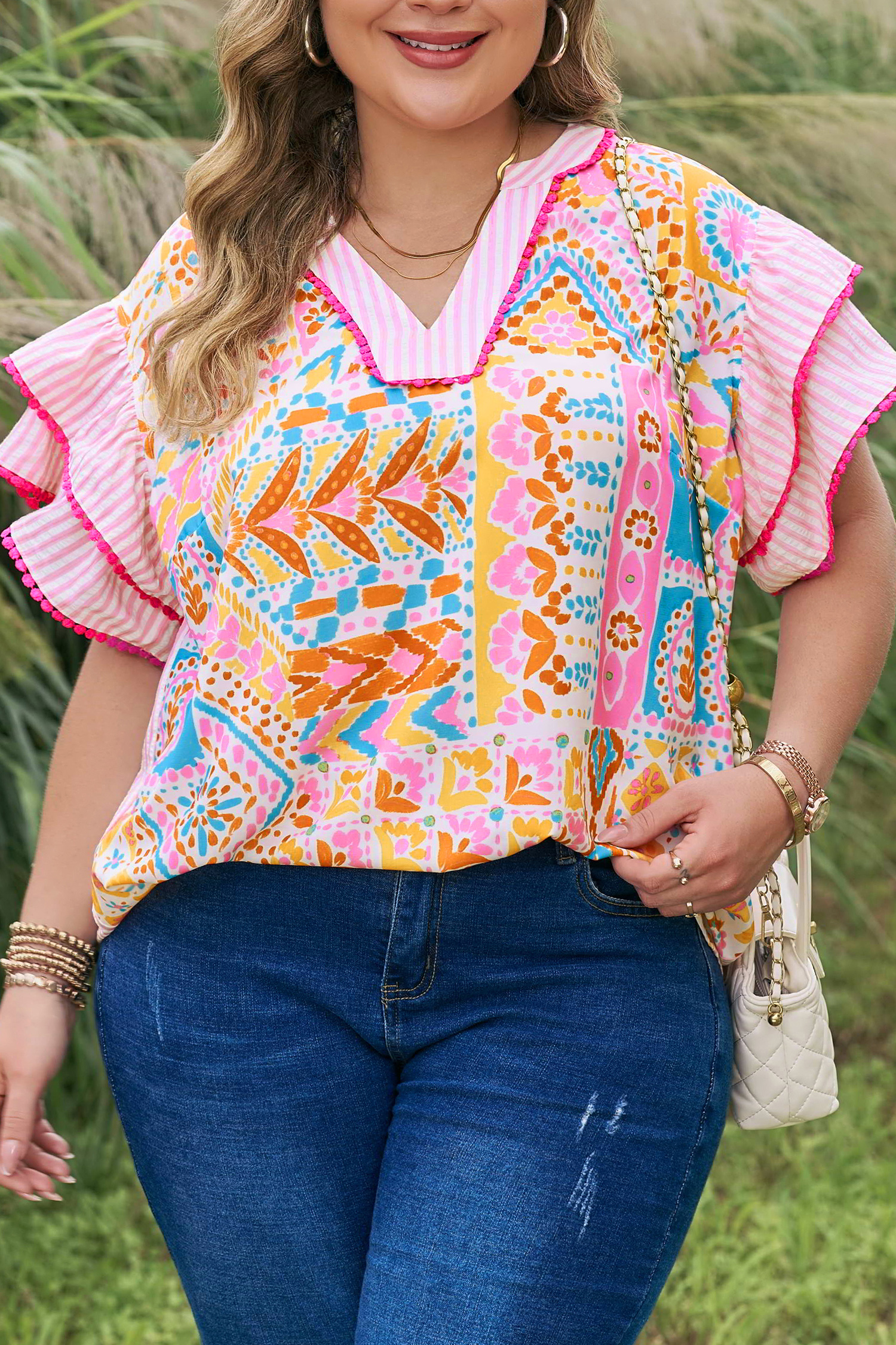 Plus Size Rose  Geometric Print Contrast Trim Striped V Neck Blouse