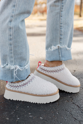 White Soft Plush Embroidered Detail Flat Platform Slippers