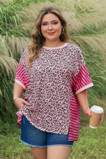 Plus Size Pink Leopard Striped Contrast Patchwork  Tee