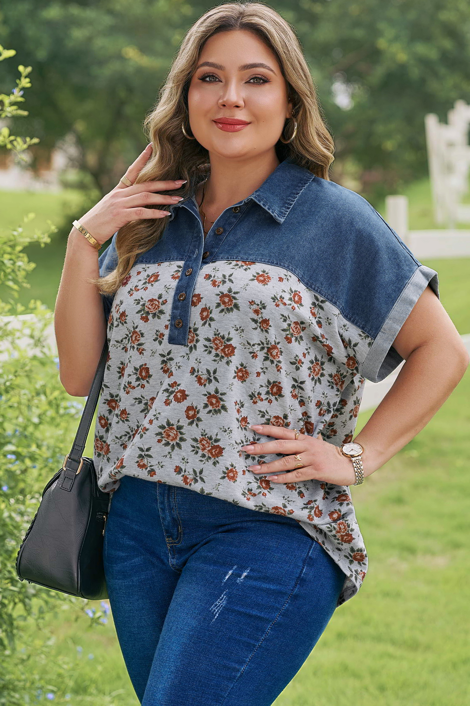 Plus Size Gray Retro Floral Print Denim Patchwork  Polo Tee
