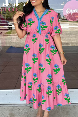 Plus Size Pink  Striped V Neck Ruffled Floral Long Dress