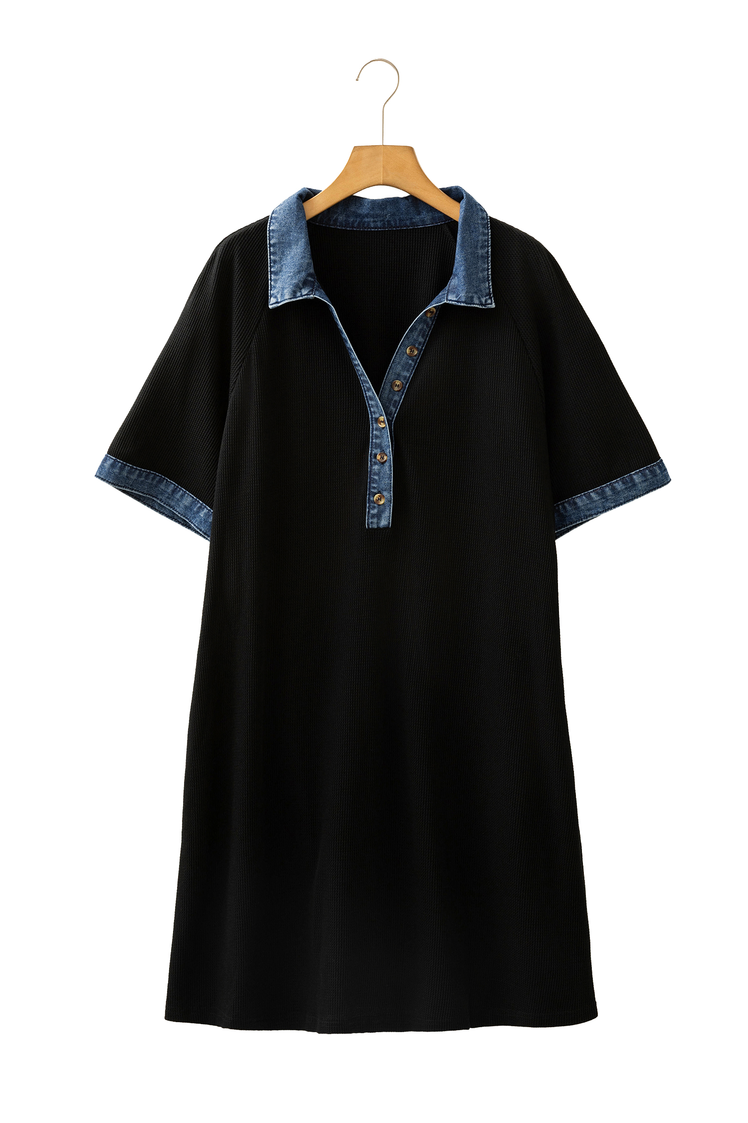 Plus Size Black Colorblock Denim Collar Short Sleeve  Shift Dress