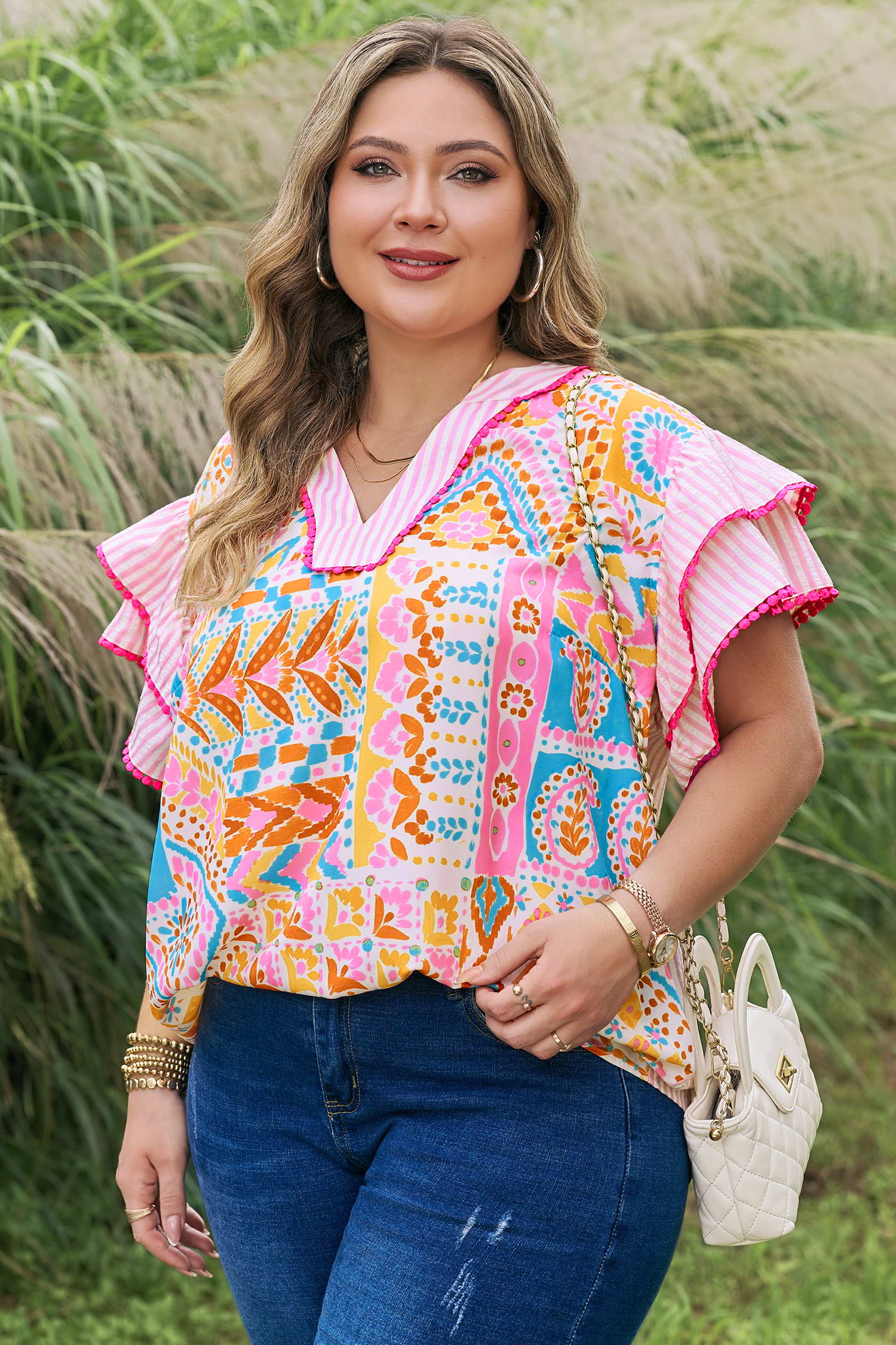 Plus Size Rose  Geometric Print Contrast Trim Striped V Neck Blouse