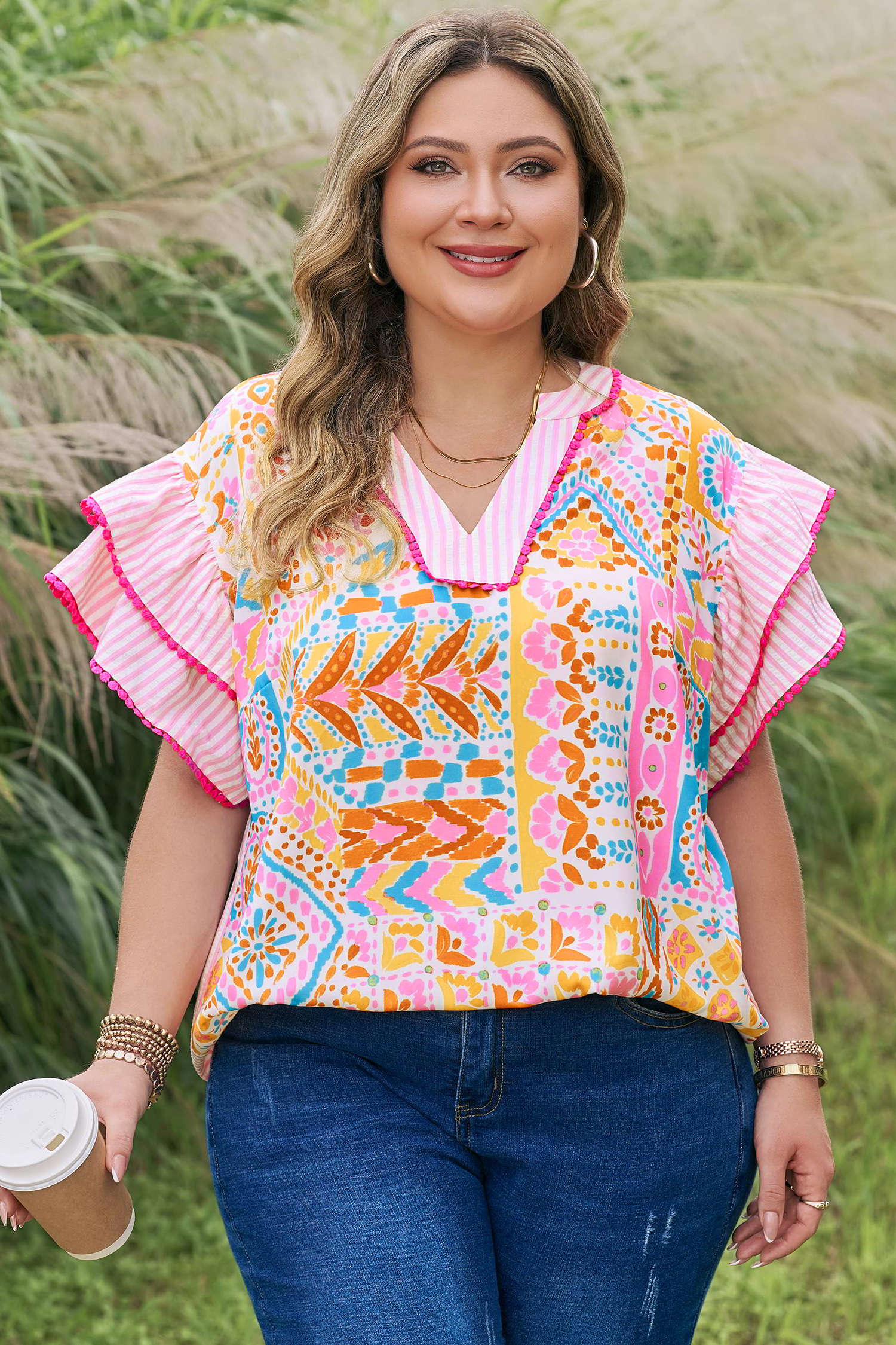 Plus Size Rose  Geometric Print Contrast Trim Striped V Neck Blouse