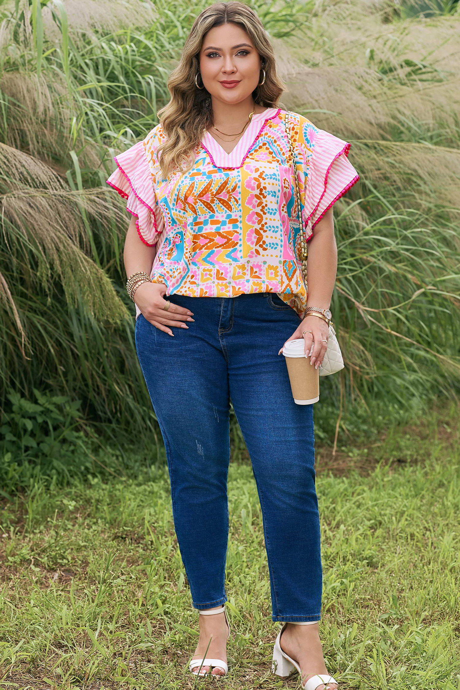 Plus Size Rose  Geometric Print Contrast Trim Striped V Neck Blouse
