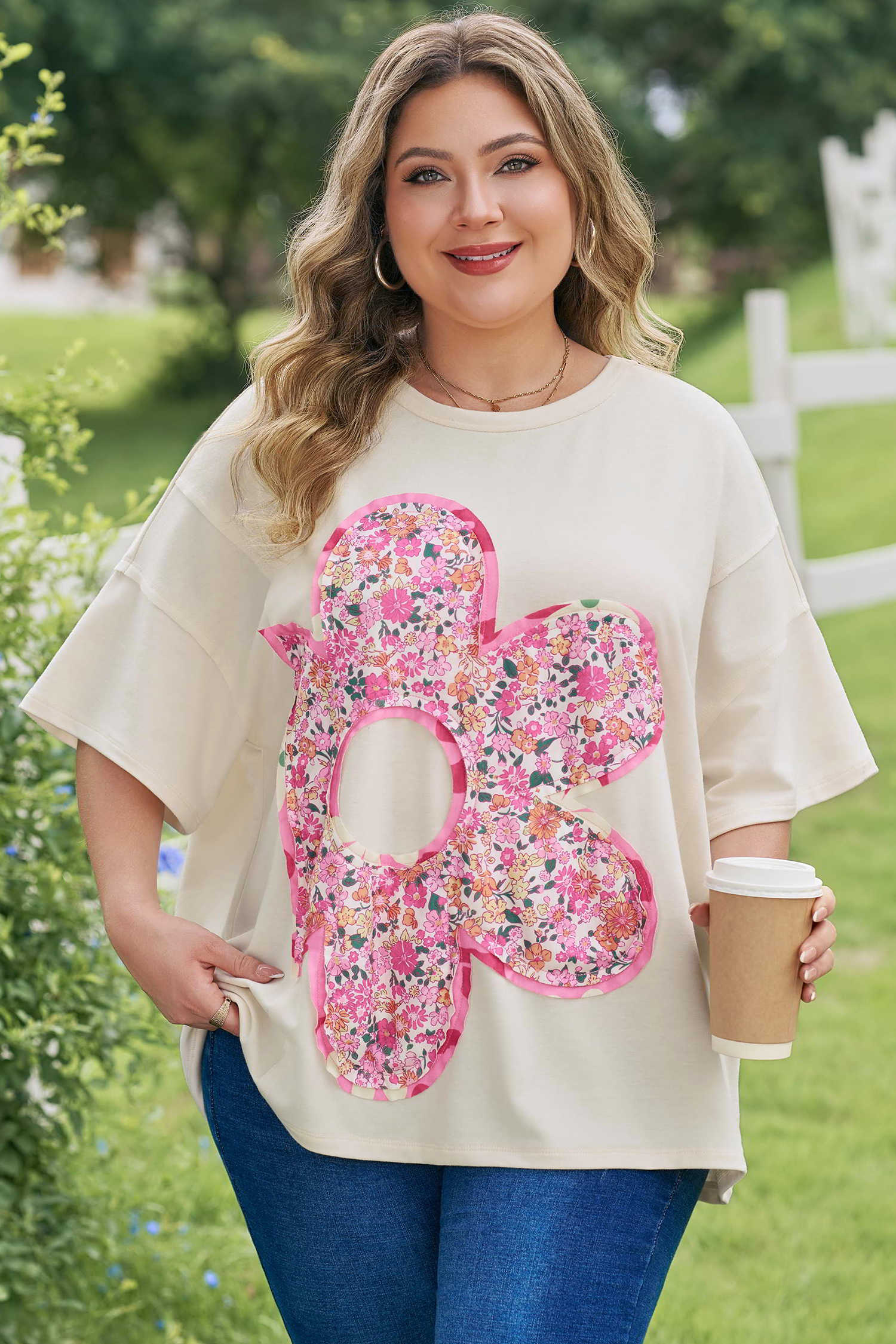 Plus Size Jet Stream Big Flower Patched  Tunic T-Shirt