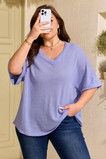Plus Size Wisteria V Neck Short Sleeve  Waffle Knit Top