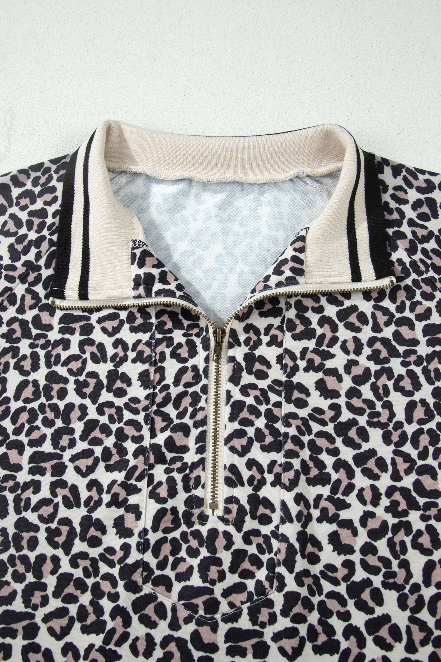 Plus Size Brown  Leopard Print Striped Webbing Patchwork Half Zip Blouse