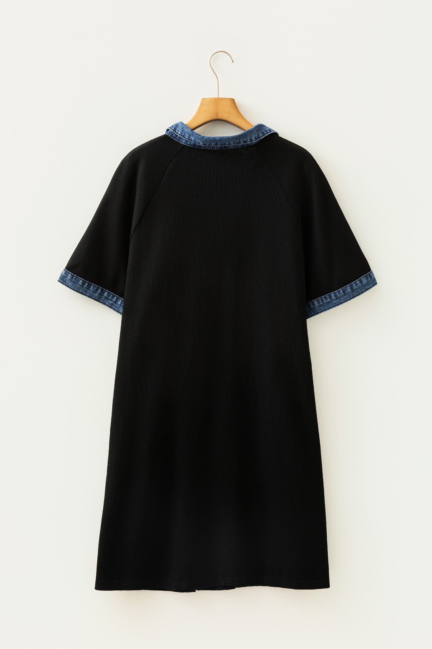 Plus Size Black Colorblock Denim Collar Short Sleeve  Shift Dress