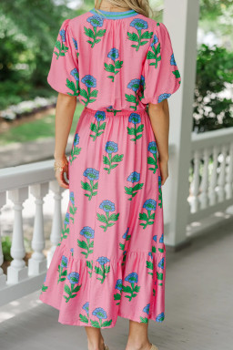 Plus Size Pink  Striped V Neck Ruffled Floral Long Dress