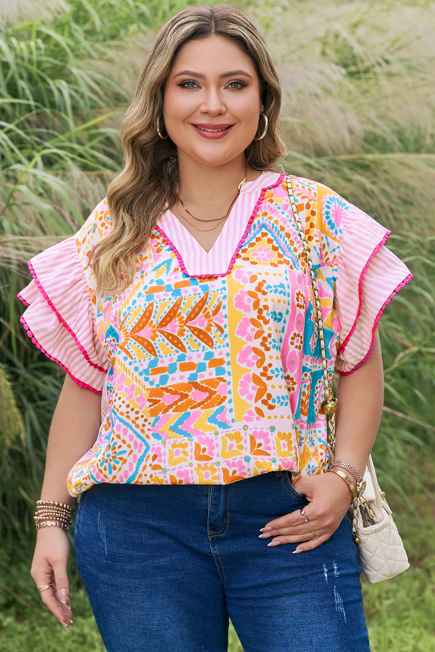 Plus Size Rose  Geometric Print Contrast Trim Striped V Neck Blouse