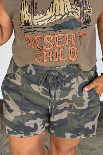 Plus Size Green Tie Elastic Waist Pocketed  Camo Shorts