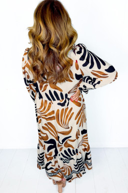 Plus Size White  Abstract Print Contrast Collar Split Neck Shift Long Dress