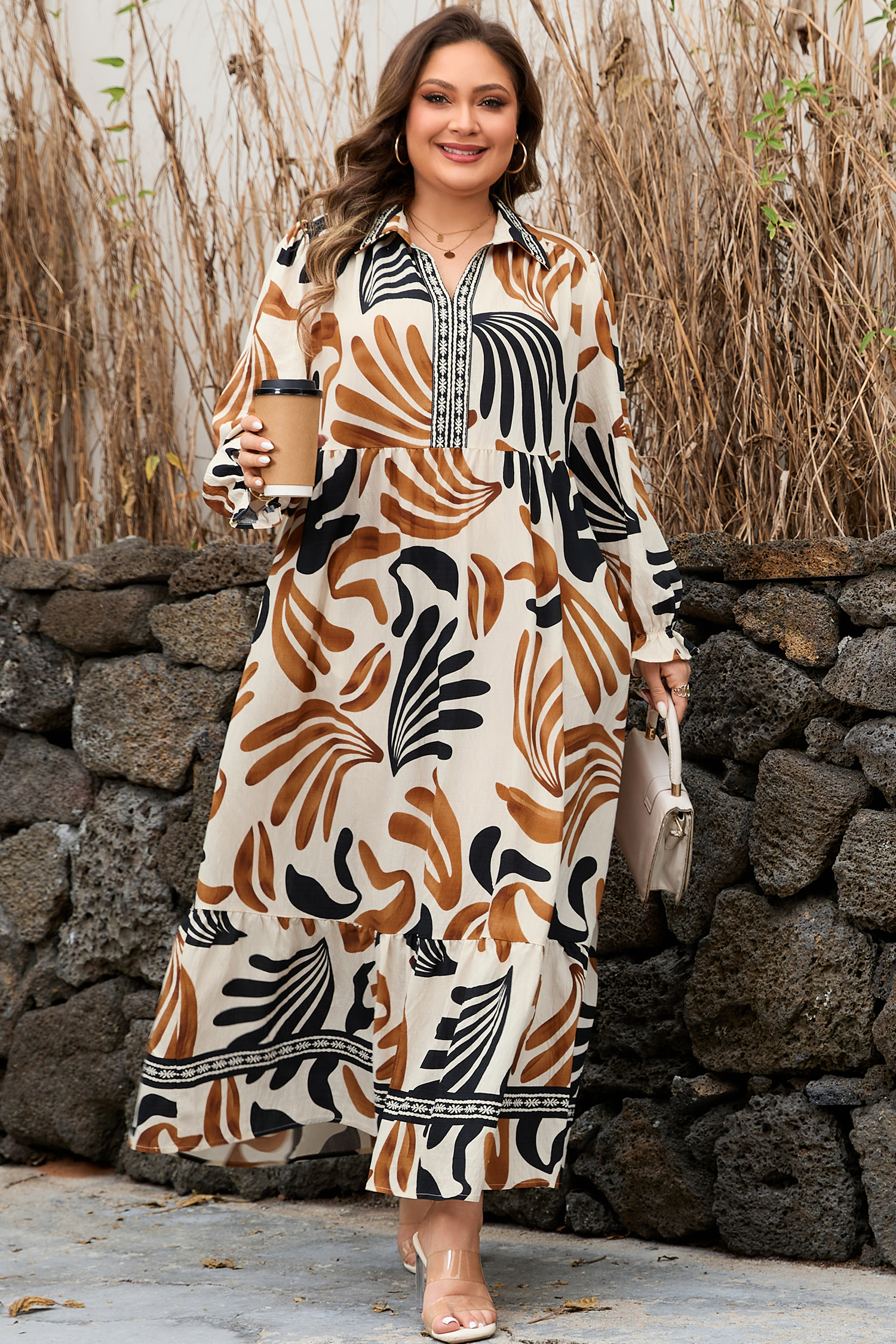 Plus Size White  Abstract Print Contrast Collar Split Neck Shift Long Dress