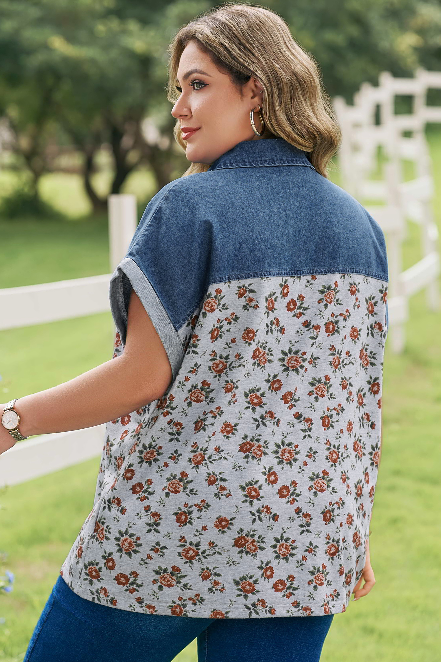 Plus Size Gray Retro Floral Print Denim Patchwork  Polo Tee