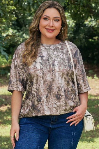 Plus Size Khaki  Woodland Camouflage Print T Shirt