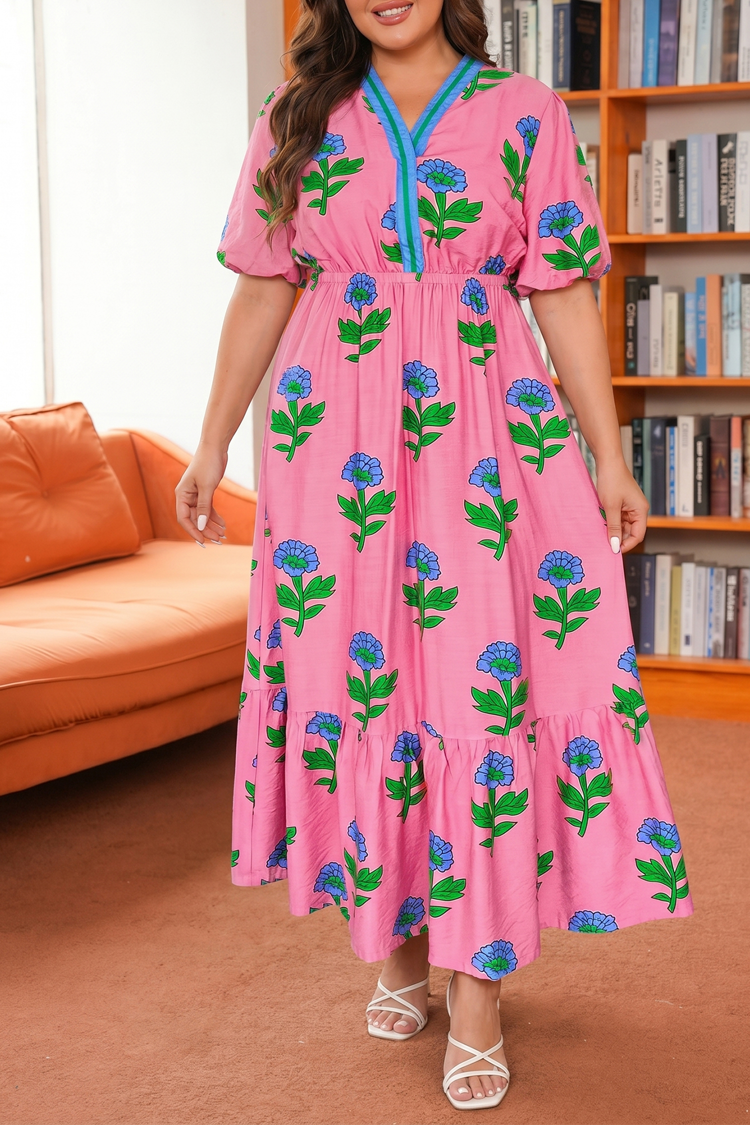 Plus Size Pink  Striped V Neck Ruffled Floral Long Dress