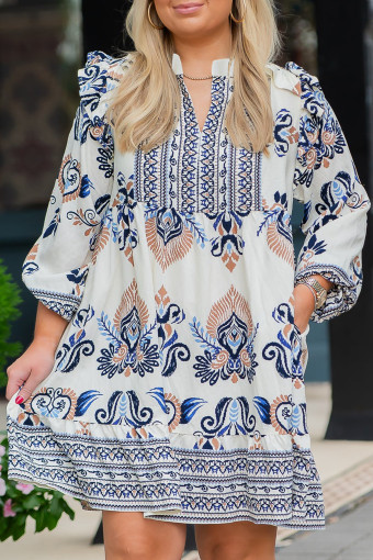 Plus Size Sky Blue  Boho Print Split Neck Long Sleeve Mini Dress