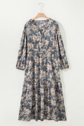 Plus Size Sky Blue  Floral Print Split Neck Shirred High Waist Long Sleeve Maxi Dress
