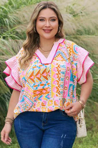 Plus Size Rose  Geometric Print Contrast Trim Striped V Neck Blouse