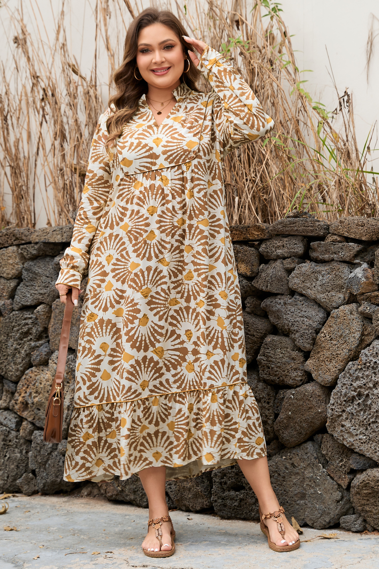 Plus Size Khaki Abstract Plant Print Loose  Long Dress