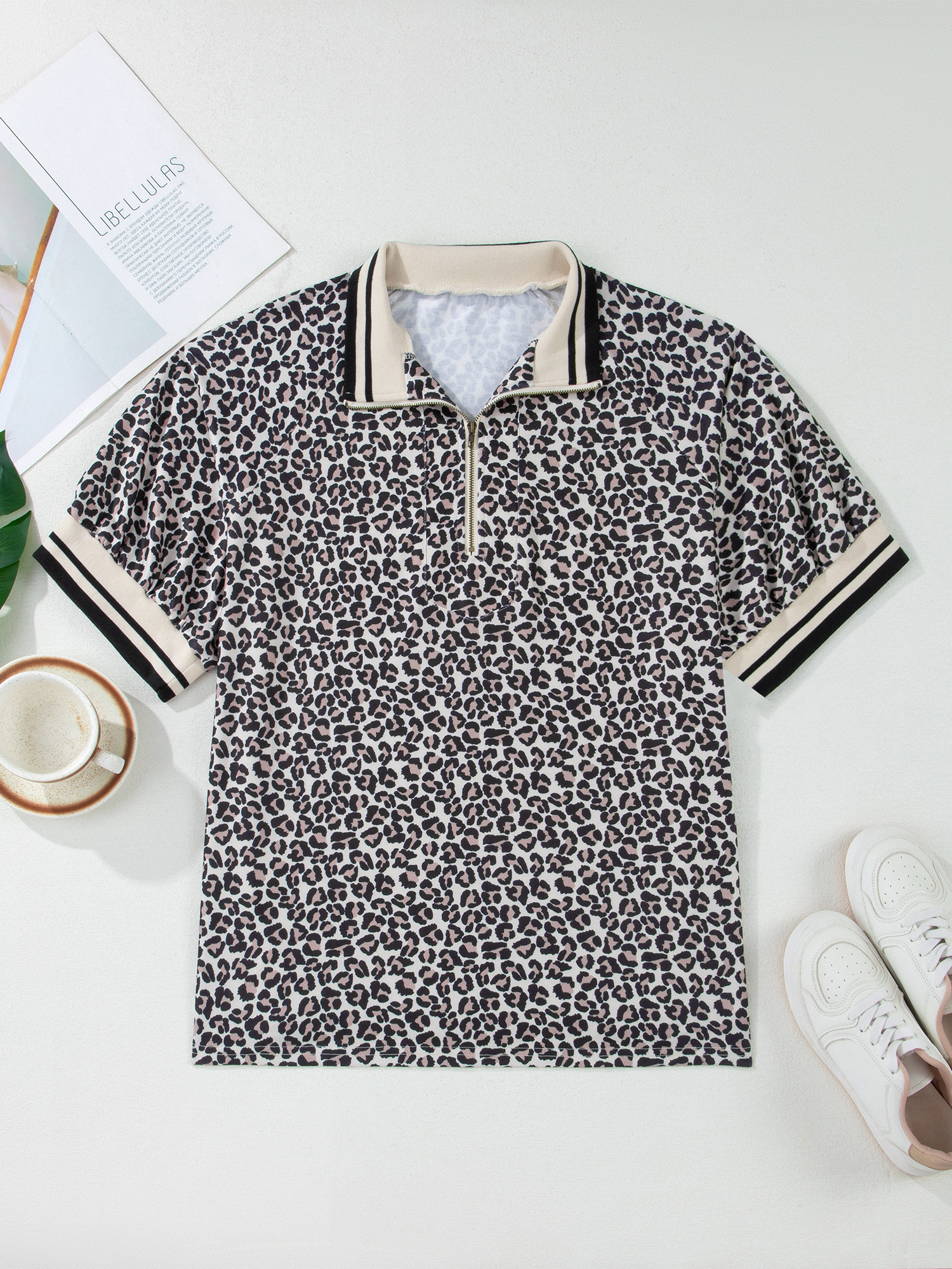 Plus Size Brown  Leopard Print Striped Webbing Patchwork Half Zip Blouse