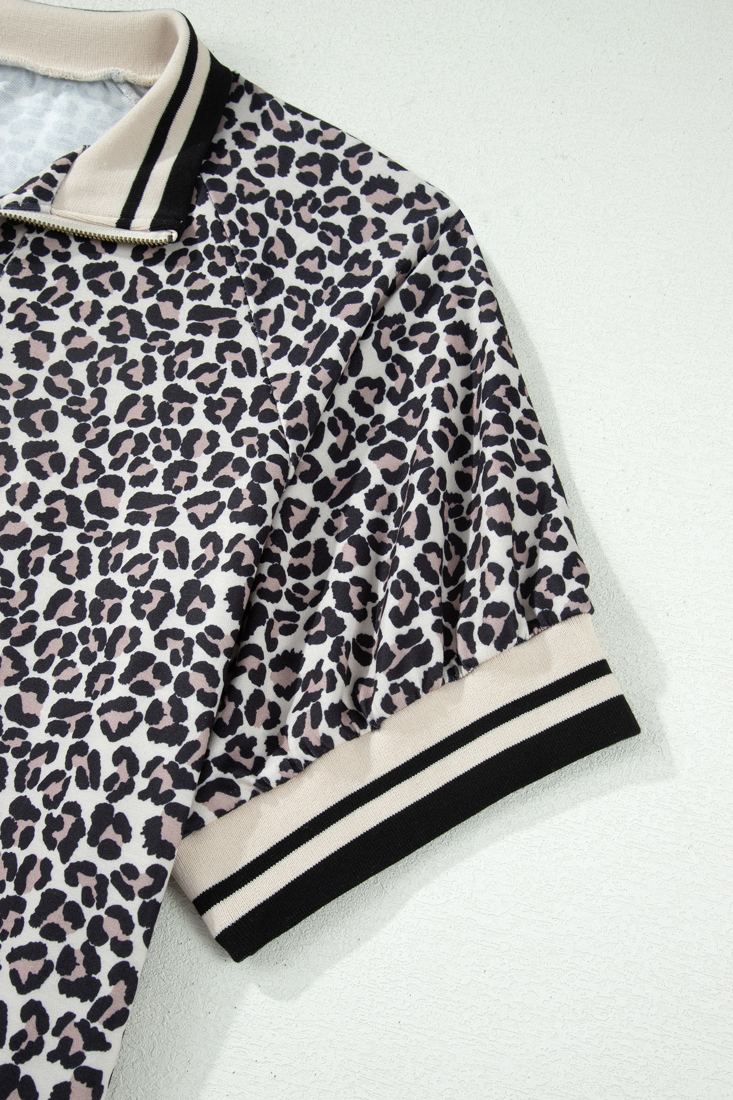 Plus Size Brown  Leopard Print Striped Webbing Patchwork Half Zip Blouse