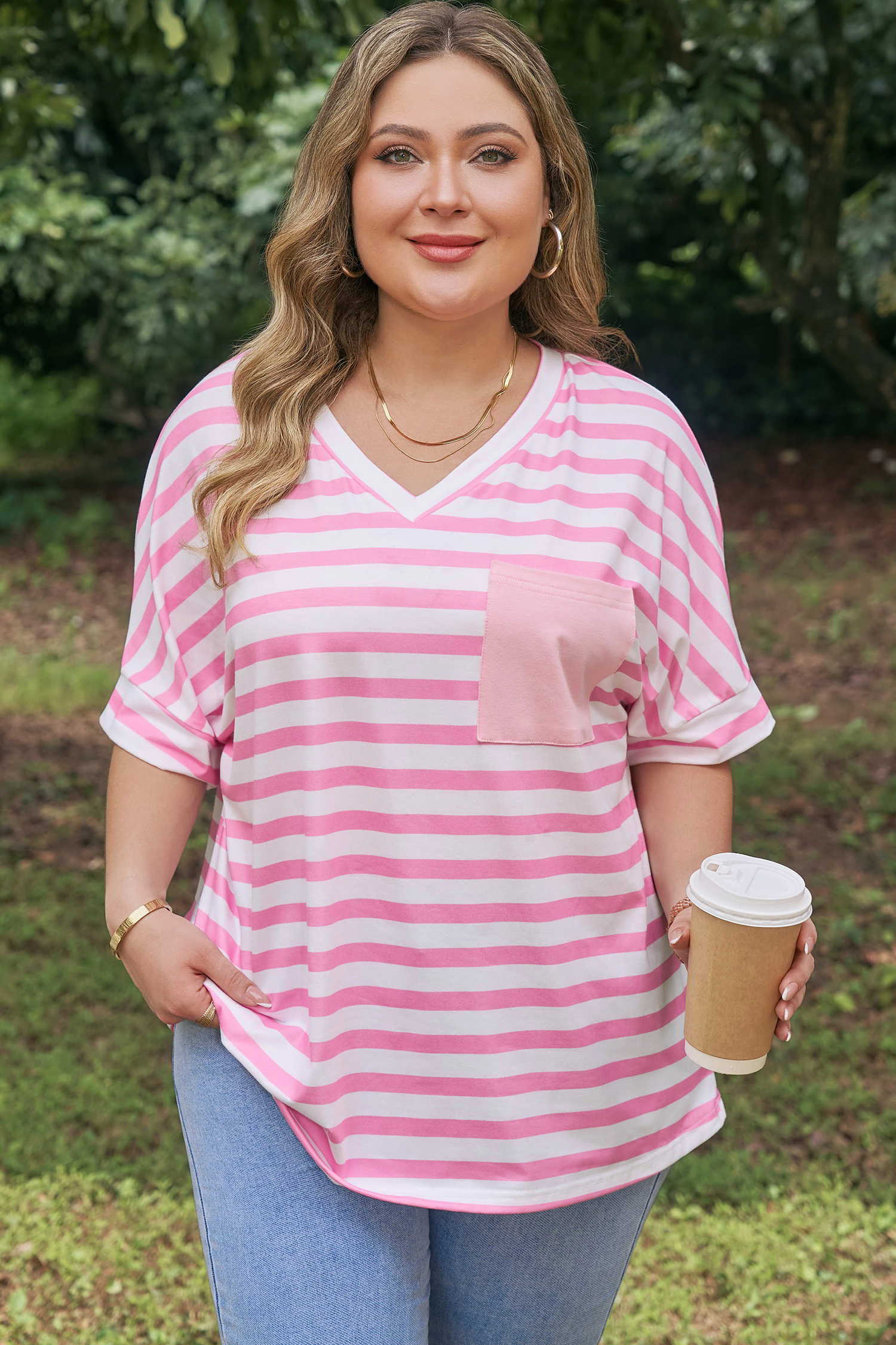 Plus Size Pink Stripe Colorblock Patched Pocket V Neck  Tee