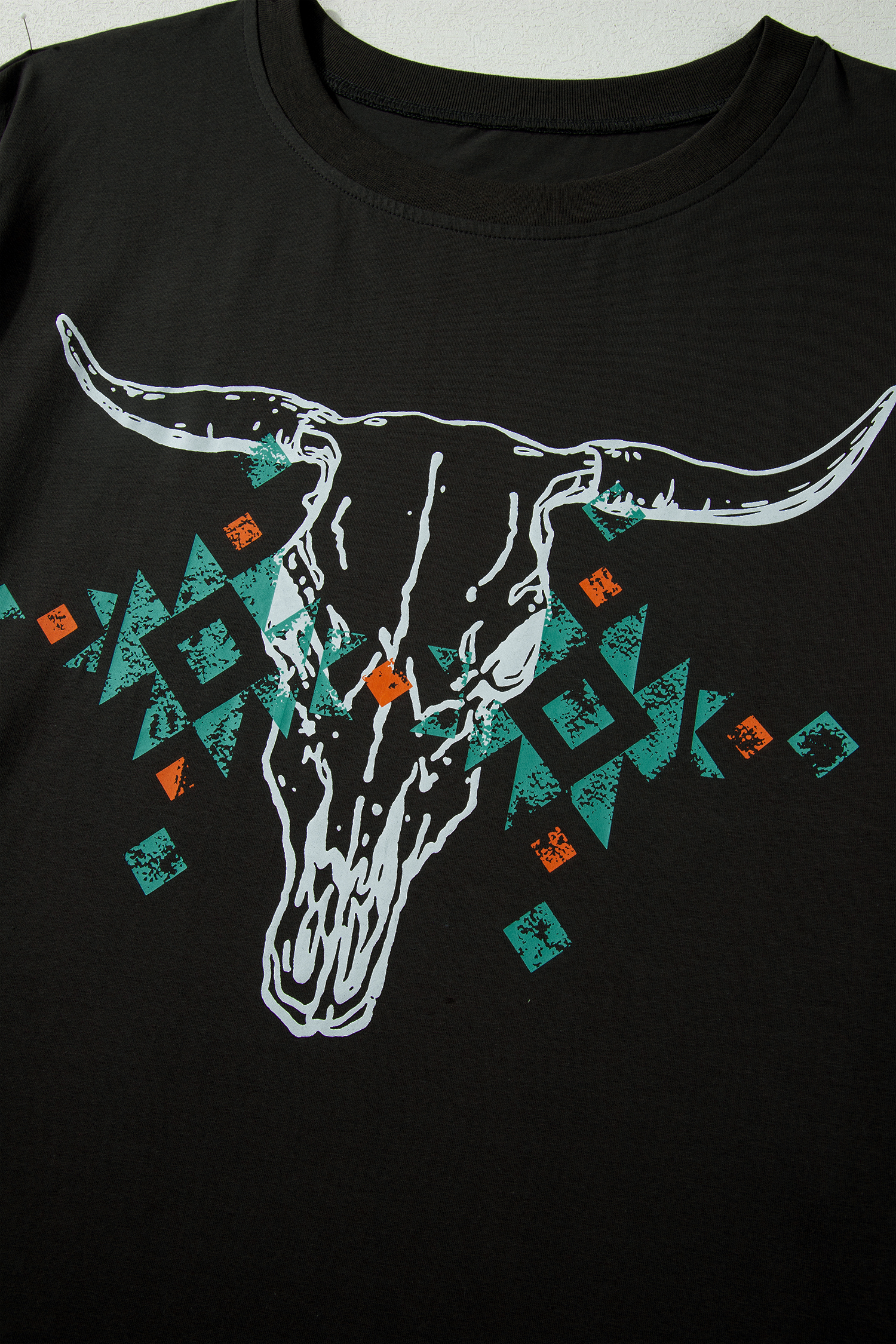 Plus Size Carbon Grey  Western Aztec Bull Skull Printed T Shirt
