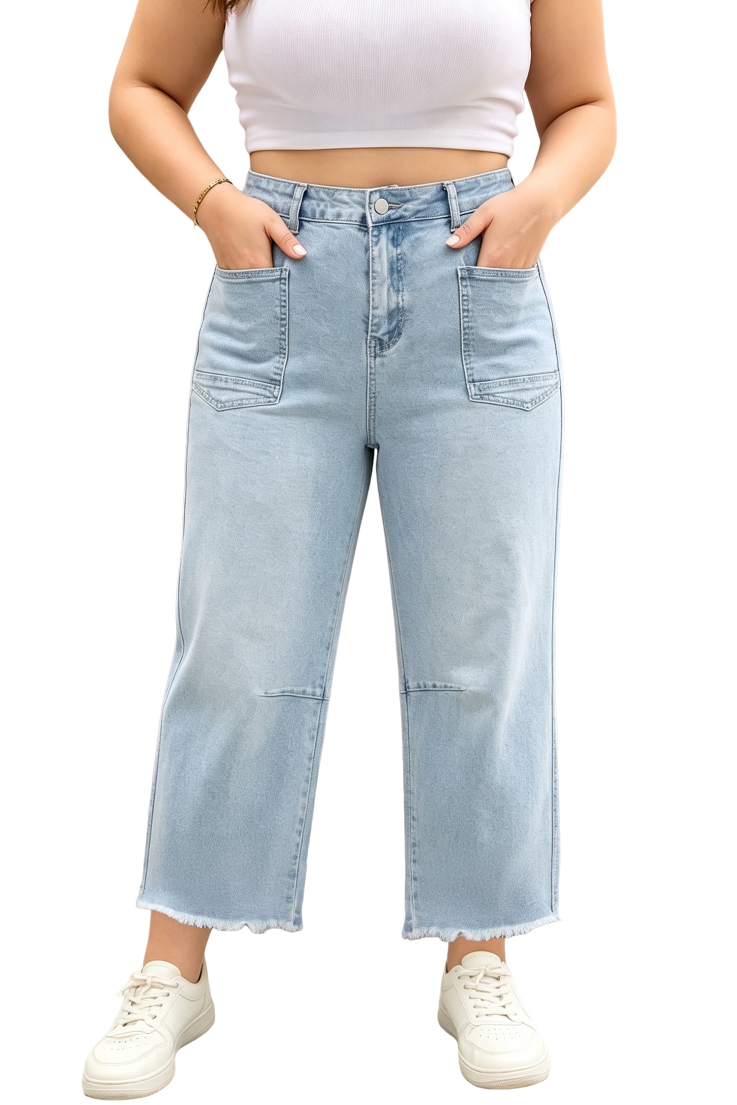 Plus Size Beau Blue  Seam Detail Patch Pocket Raw Cut Shift Jeans