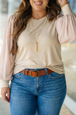 Plus Size Parchment Polka Dot Long Sleeve Round Neck  Blouse