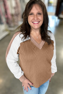 Plus Size Coffee V Neck Lace Sleeve Patchwork  Blouse