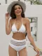Bikini de cintura alta con inserciones de malla de pompones blancos