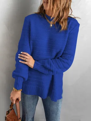 Suéter texturizado de cuello alto de color sólido azul oscuro