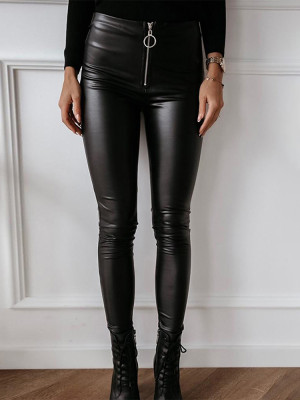 Pantalones de PU con cremallera ajustados negros sólidos
