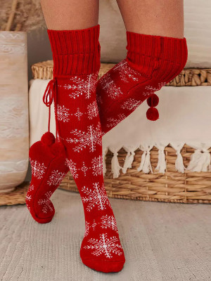 Calcetines de punto con pompones de copo de nieve rojo navideño
