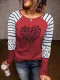 Camiseta de manga larga a rayas con estampado de corazón de leopardo rojo Valentine