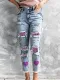 Jeans azul cielo San Valentín leopardo rosa patchwork con gráfico de corazón