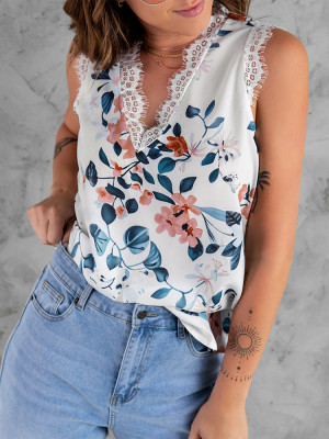 Camiseta sin mangas floral con cuello en V y ribete de pestañas Boho