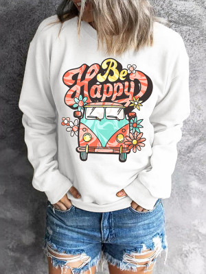 Sudadera blanca con estampado de letras y coche Hippie