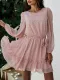 Pink Round Neck Long Sleeve Ruffled Floral Boho Dress with Waist Tie