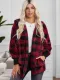 Red Plaid Fuzzy Fleece Open Front Hooded Coat with Pocket