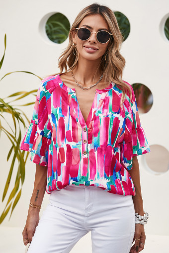 Abstract Brushwork Print Buttoned V Neck Blouse