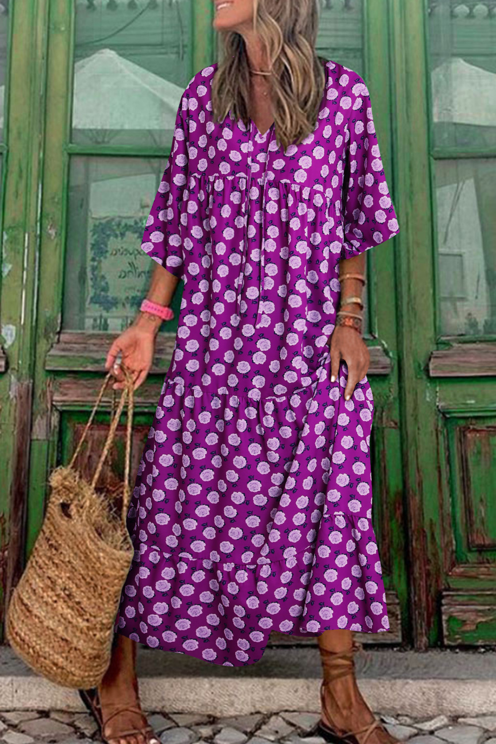 $26.55 Purple Boho Printed Puff Sleeve Maxi Dress Little Daisy Closet ...