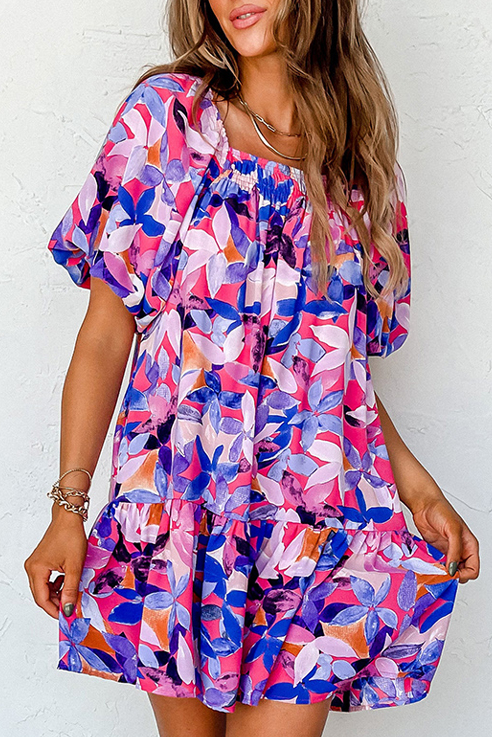$ 20.21 - Purple Flower Print Short Puff Sleeve Ruffled Dress - www ...