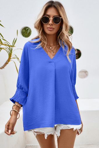 Dark Blue Boxy Collared Smocked Sleeve Cuffs Blouse